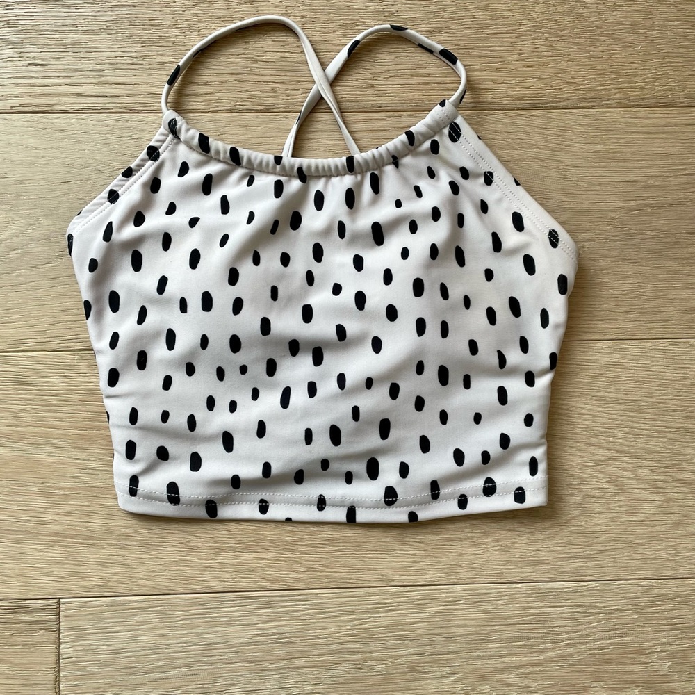 Lime Ricki swim Lace-back crop top, size XS. White with boho polka dots.